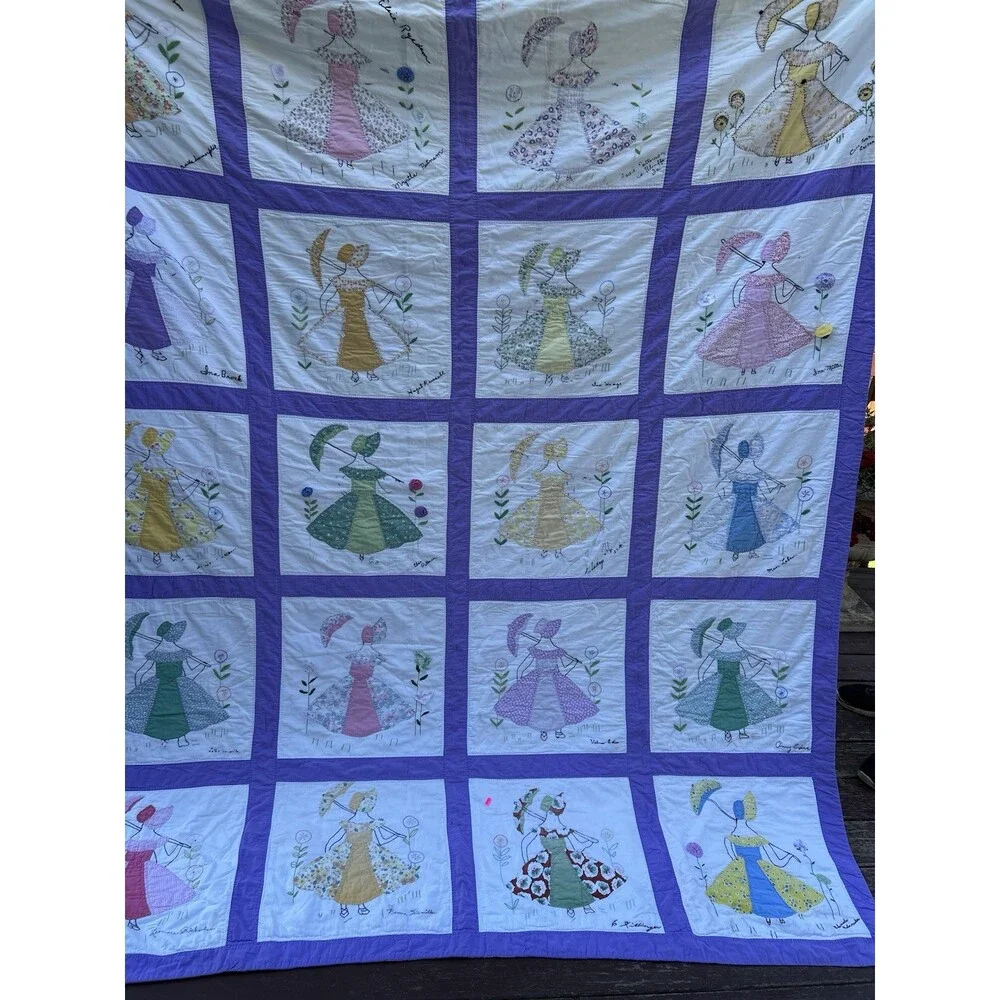 Vintage Handmade embroidered friendship quilt with Sun Bonnet Girls. 77” X 95”